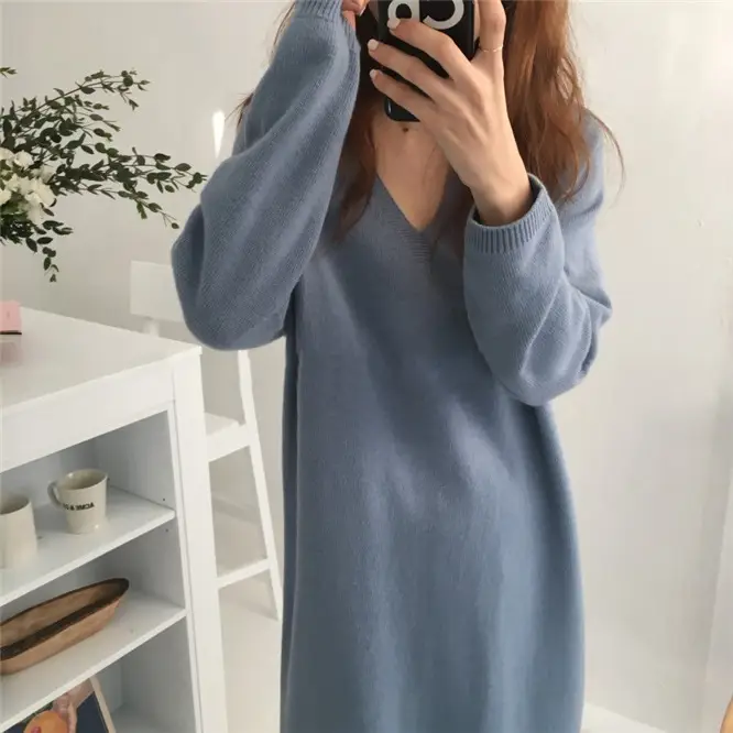 Korean Style Slim V Neck Knitted Dress Brown Long Coat — feature 2