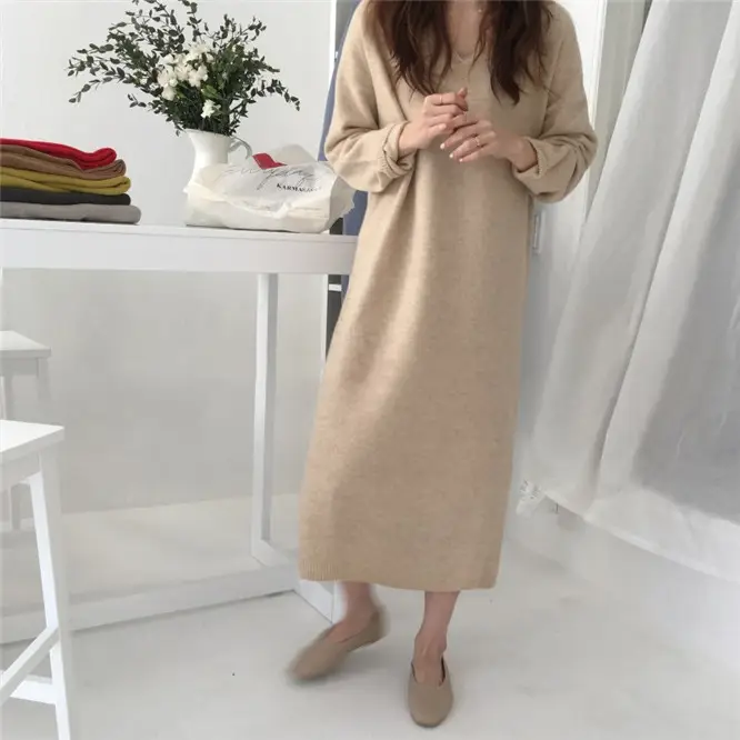 Korean Style Slim V Neck Knitted Dress Brown Long Coat — feature 20