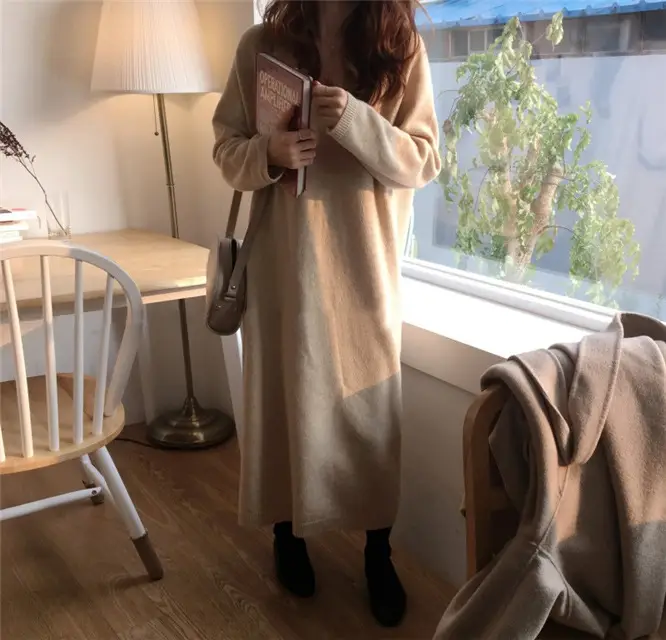 Korean Style Slim V Neck Knitted Dress Brown Long Coat — feature 22