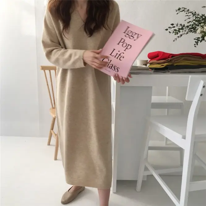 Korean Style Slim V Neck Knitted Dress Brown Long Coat — feature 23