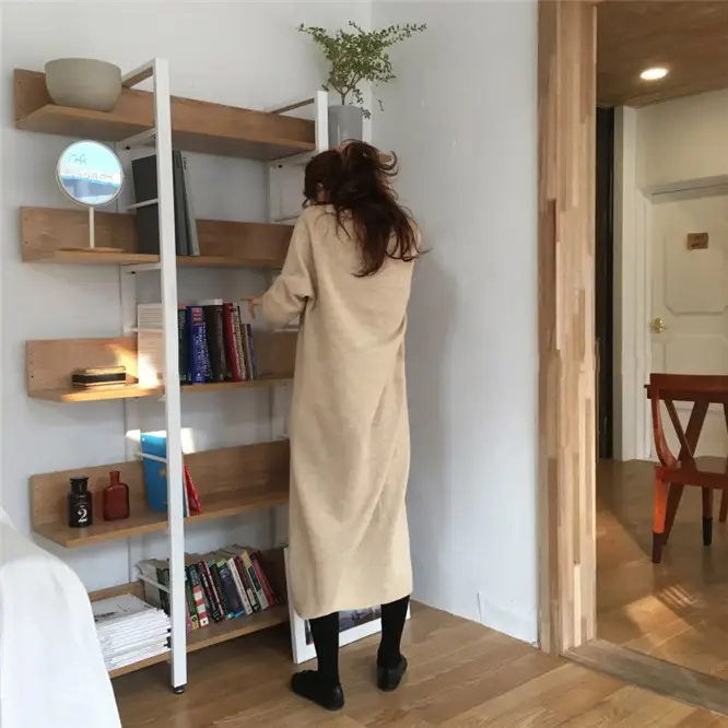 Korean Style Slim V Neck Knitted Dress Brown Long Coat — feature 24