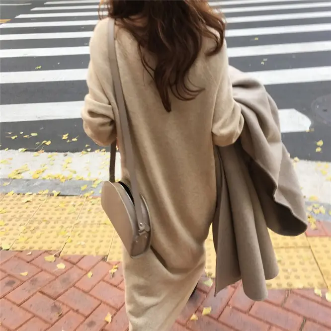 Korean Style Slim V Neck Knitted Dress Brown Long Coat — feature 26