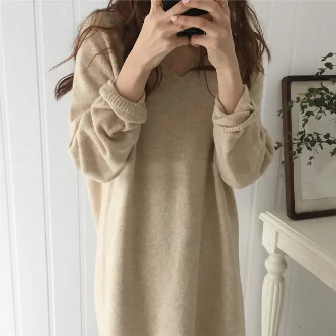 Korean Style Slim V Neck Knitted Dress Brown Long Coat — feature 28