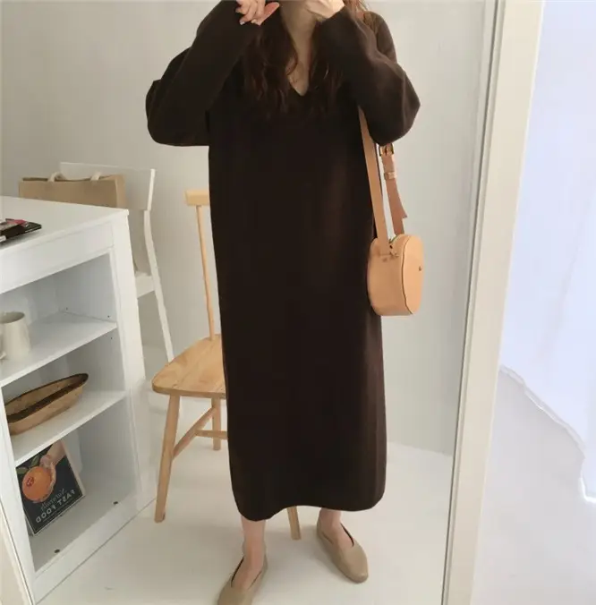 Korean Style Slim V Neck Knitted Dress Brown Long Coat — feature 29