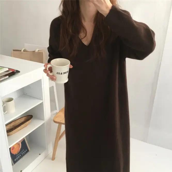 Korean Style Slim V Neck Knitted Dress Brown Long Coat — feature 30