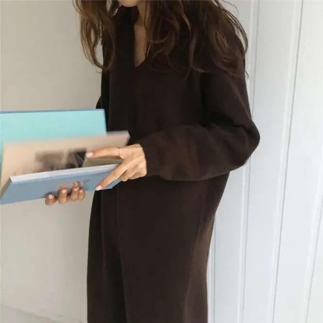 Korean Style Slim V Neck Knitted Dress Brown Long Coat — feature 34