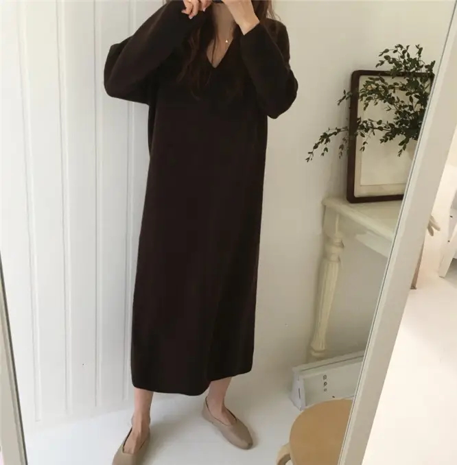 Korean Style Slim V Neck Knitted Dress Brown Long Coat — feature 35