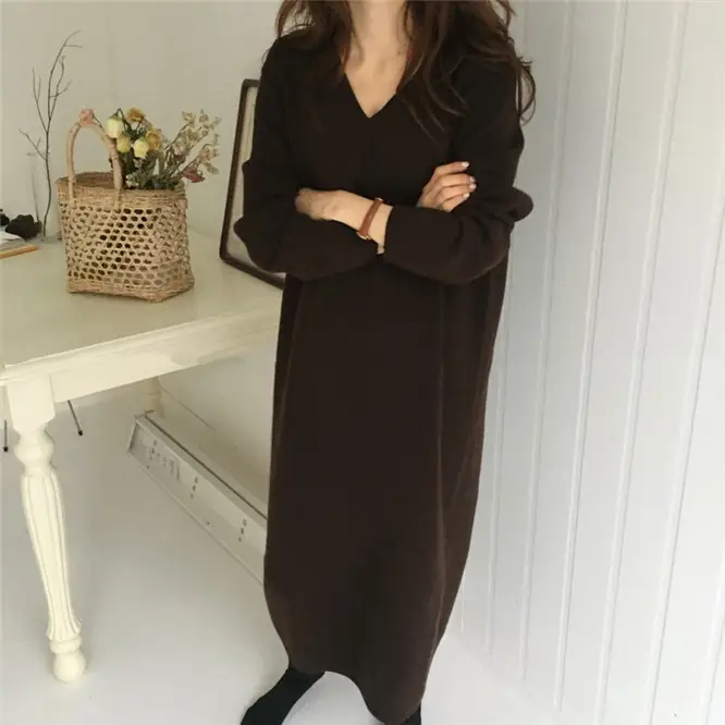 Korean Style Slim V Neck Knitted Dress Brown Long Coat — feature 36