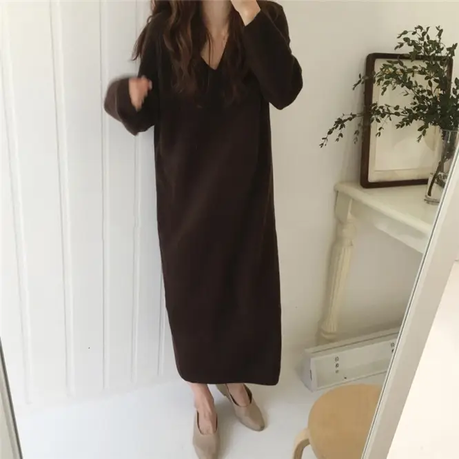 Korean Style Slim V Neck Knitted Dress Brown Long Coat — feature 37