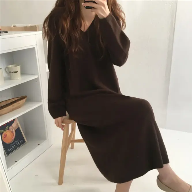 Korean Style Slim V Neck Knitted Dress Brown Long Coat — feature 38