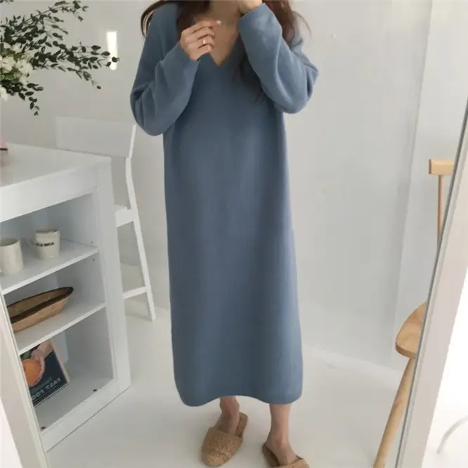 Korean Style Slim V Neck Knitted Dress Brown Long Coat — feature 6