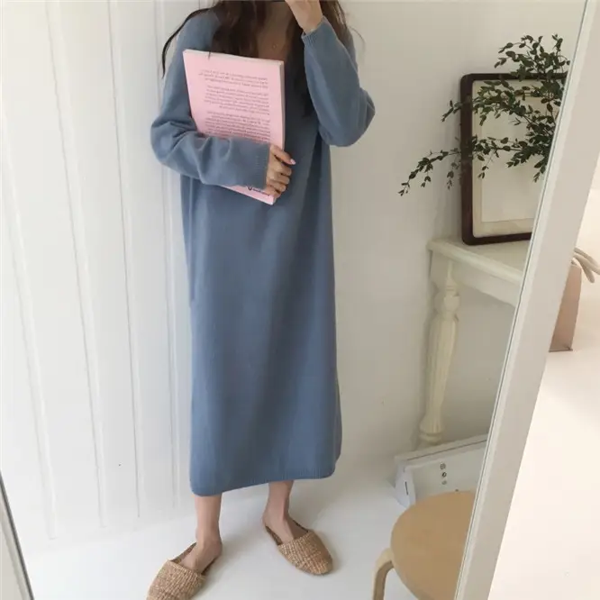 Korean Style Slim V Neck Knitted Dress Brown Long Coat — feature 8