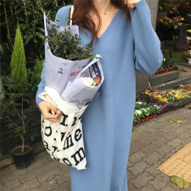 Korean Style Slim V Neck Knitted Dress Brown Long Coat — feature 9