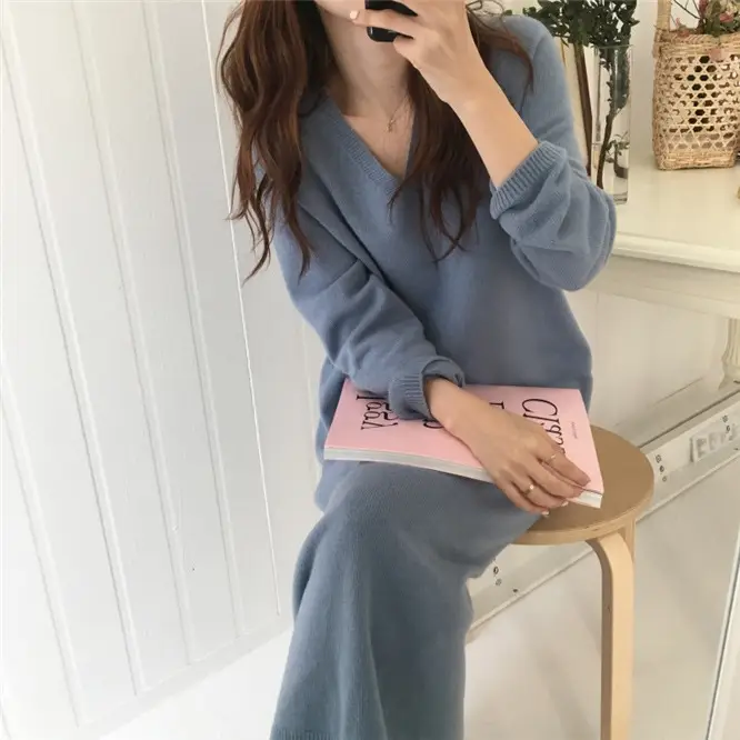 Korean Style Slim V Neck Knitted Dress Brown Long Coat - Image 2