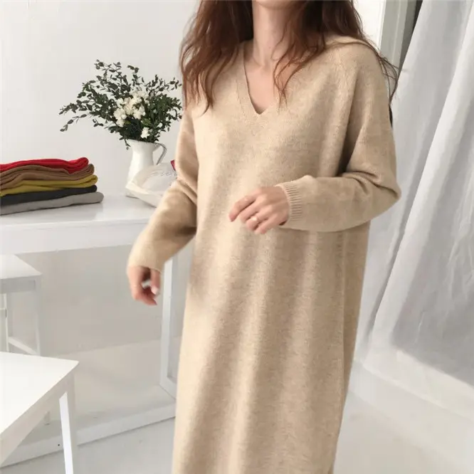 Korean Style Slim V Neck Knitted Dress Brown Long Coat - Image 5