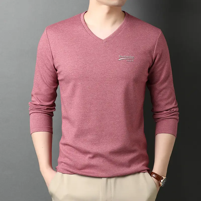 Men V-neck Long Sleeve T-Shirt Grey Korean Base