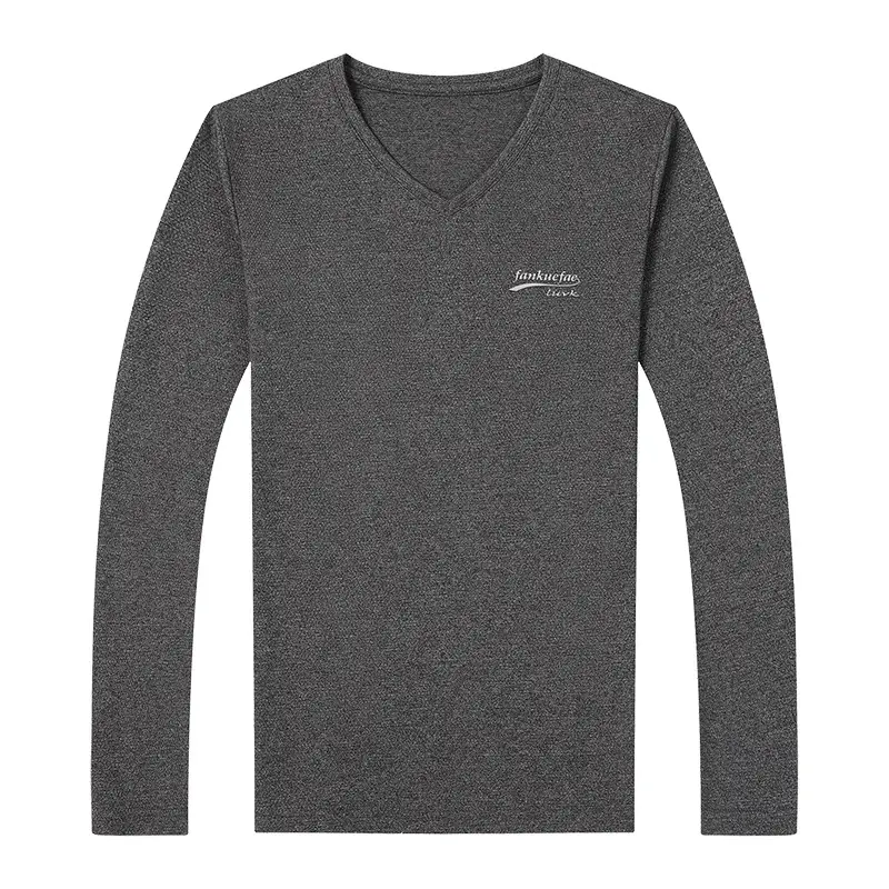 Men V-neck Long Sleeve T-Shirt Grey Korean Base
