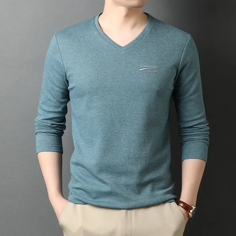 Men V-neck Long Sleeve T-Shirt Grey Korean Base