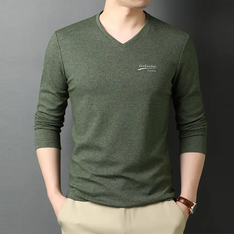 Men V-neck Long Sleeve T-Shirt Grey Korean Base