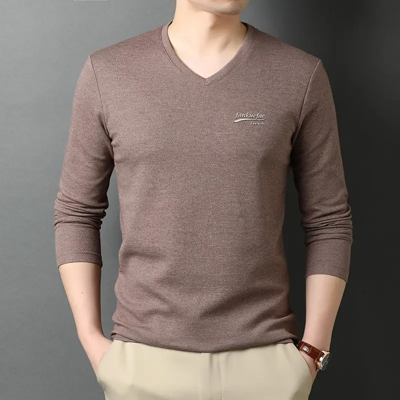 Men V-neck Long Sleeve T-Shirt Grey Korean Base
