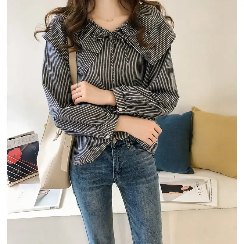 Women Striped Collar Shirt Blue Long Sleeve Plus Size