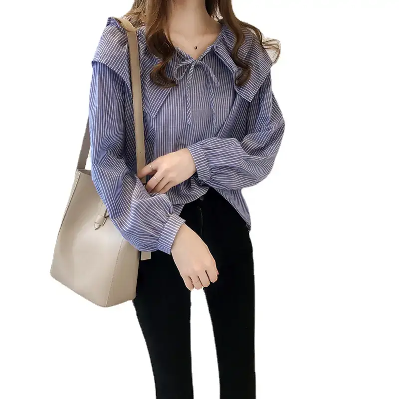 Women Striped Collar Shirt Blue Long Sleeve Plus Size