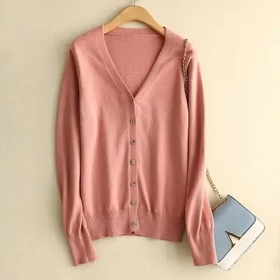 Pink V-Neck Knitted Cardigan Plus Size Long Sleeve - Image 8