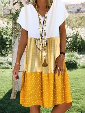 2023 Summer V Neck Printed Dress for Women Yellow White - Image 5