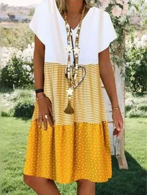 2023 Summer V Neck Printed Dress for Women Yellow White - Image 7