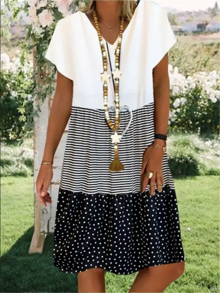 2023 Summer V Neck Printed Dress for Women Yellow White — feature 4