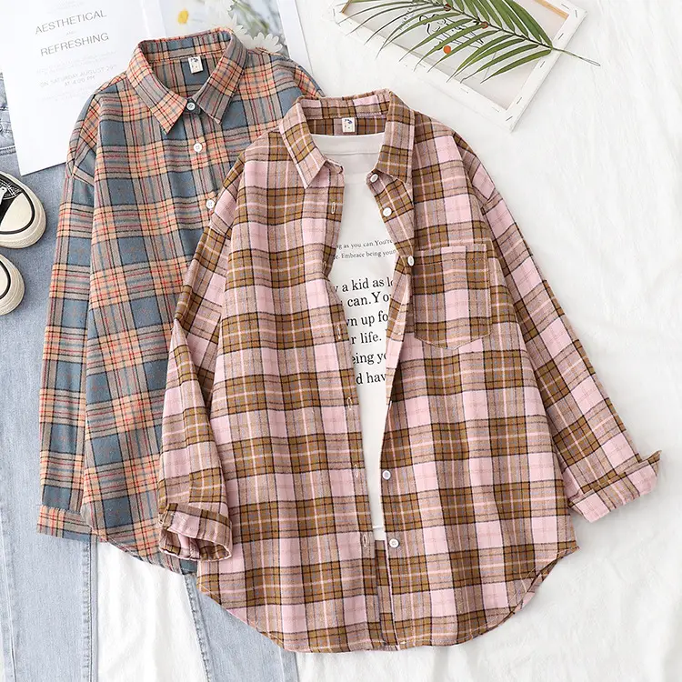 Women Plaid Long Sleeve Shirt Black White Retro Hong Kong Style