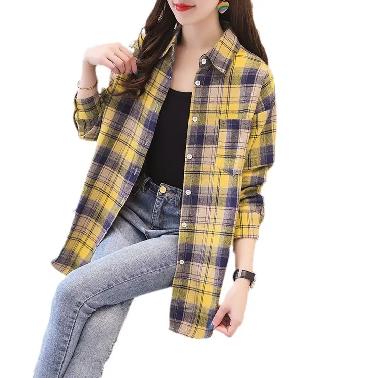 Women Plaid Long Sleeve Shirt Black White Retro Hong Kong Style