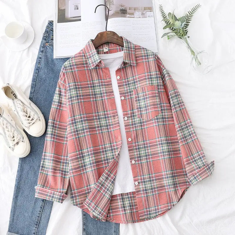 Women Plaid Long Sleeve Shirt Black White Retro Hong Kong Style