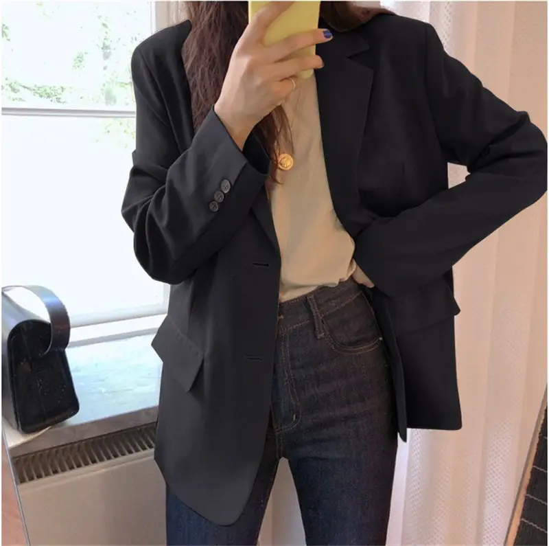 Korean Style Black Blazer for Women Loose Fit