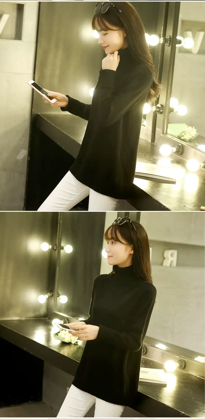 Women Turtleneck Sweater Yellow Knitted Warm Outerwear — feature 14