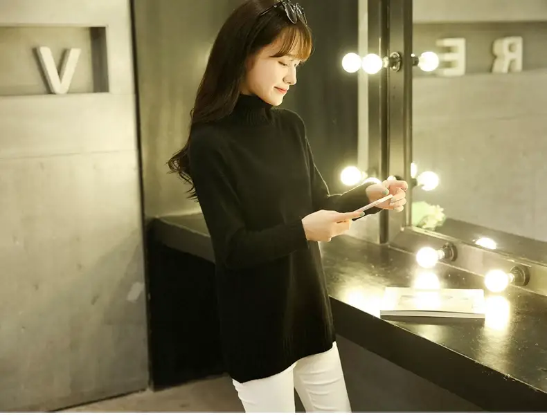 Women Turtleneck Sweater Yellow Knitted Warm Outerwear — feature 15