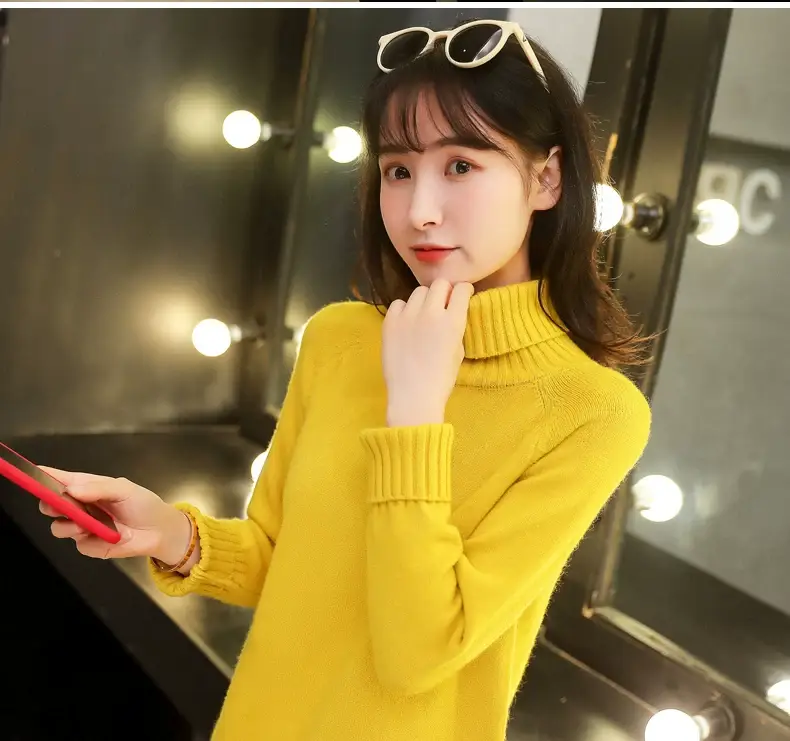 Women Turtleneck Sweater Yellow Knitted Warm Outerwear — feature 6