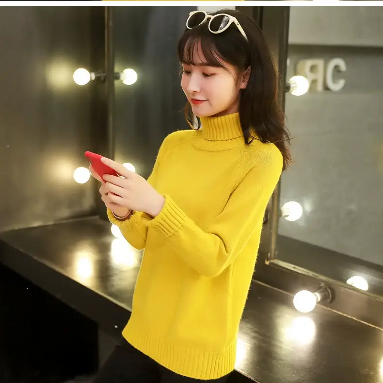 Women Turtleneck Sweater Yellow Knitted Warm Outerwear — feature 7