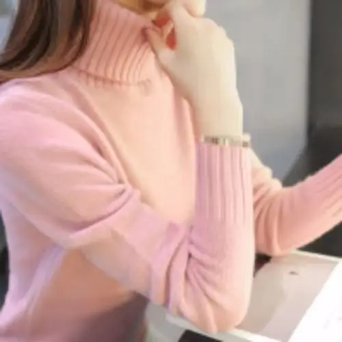 Women Turtleneck Sweater Yellow Knitted Warm Outerwear - Image 2