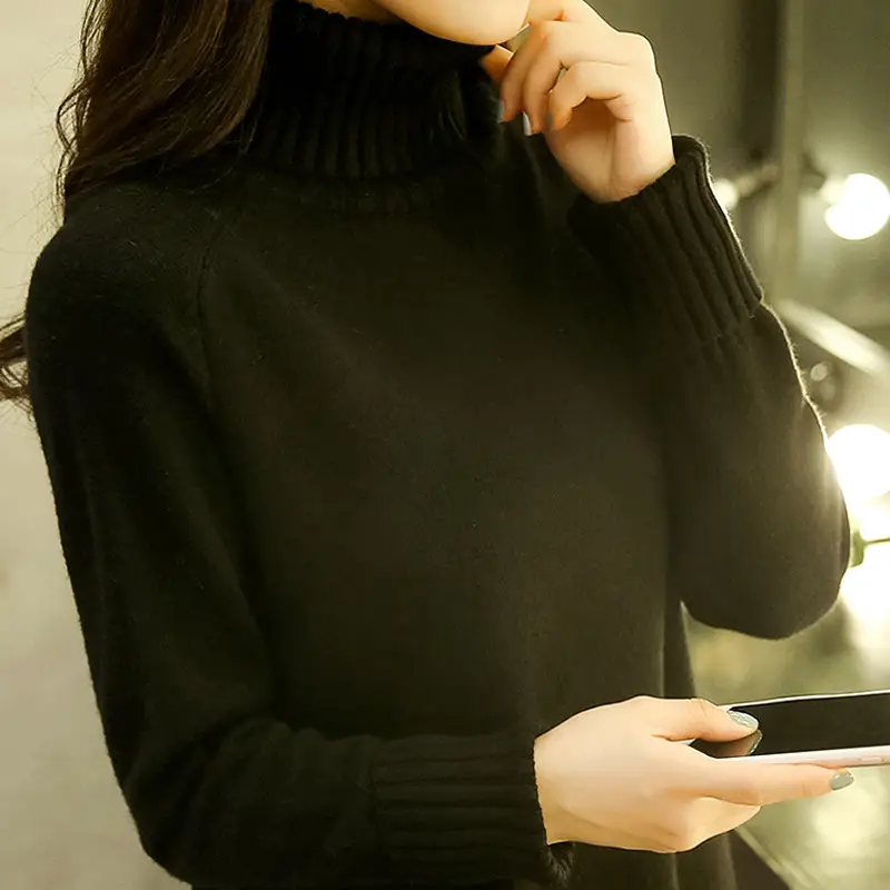 Women Turtleneck Sweater Yellow Knitted Warm Outerwear - Image 6