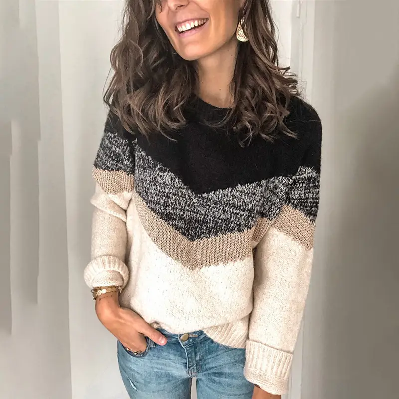 Women's Knitted Pullover Sweater Grey Beige Gold Embroidery Round Neck - Image 5