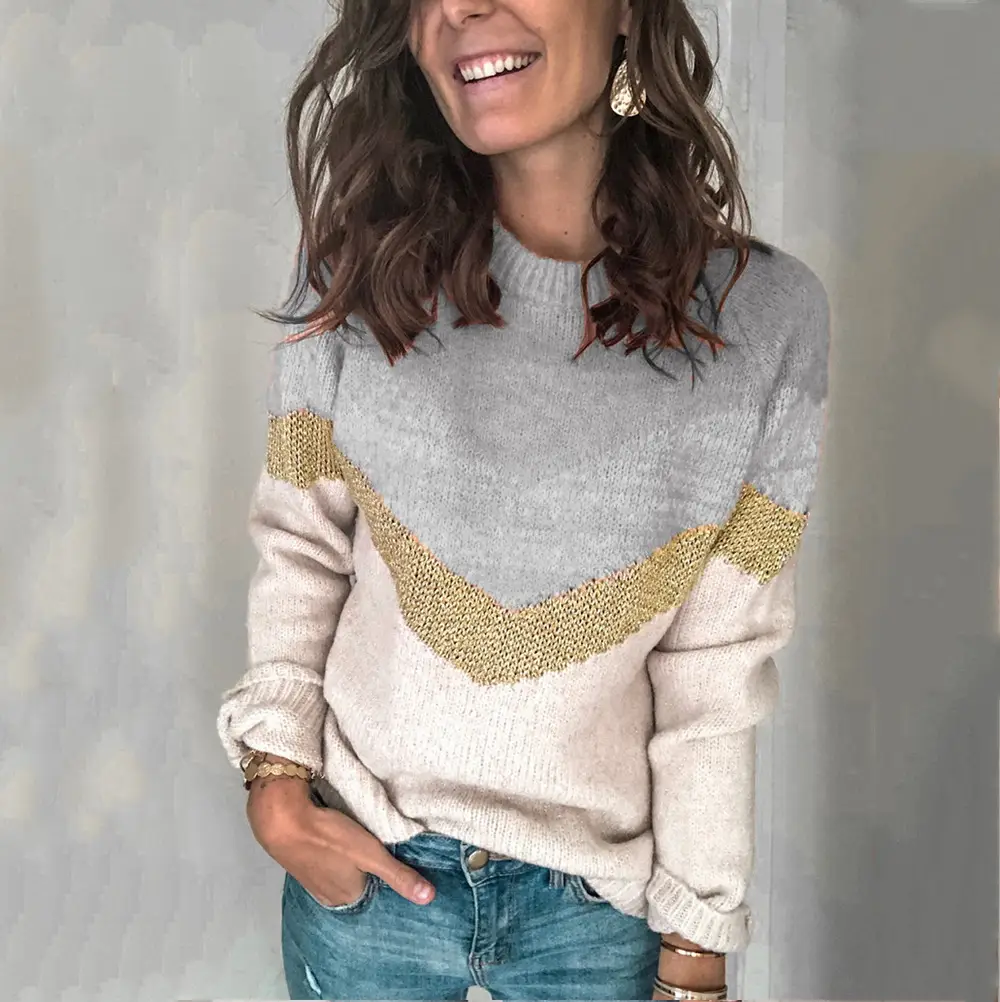 Women's Knitted Pullover Sweater Grey Beige Gold Embroidery Round Neck - Image 6
