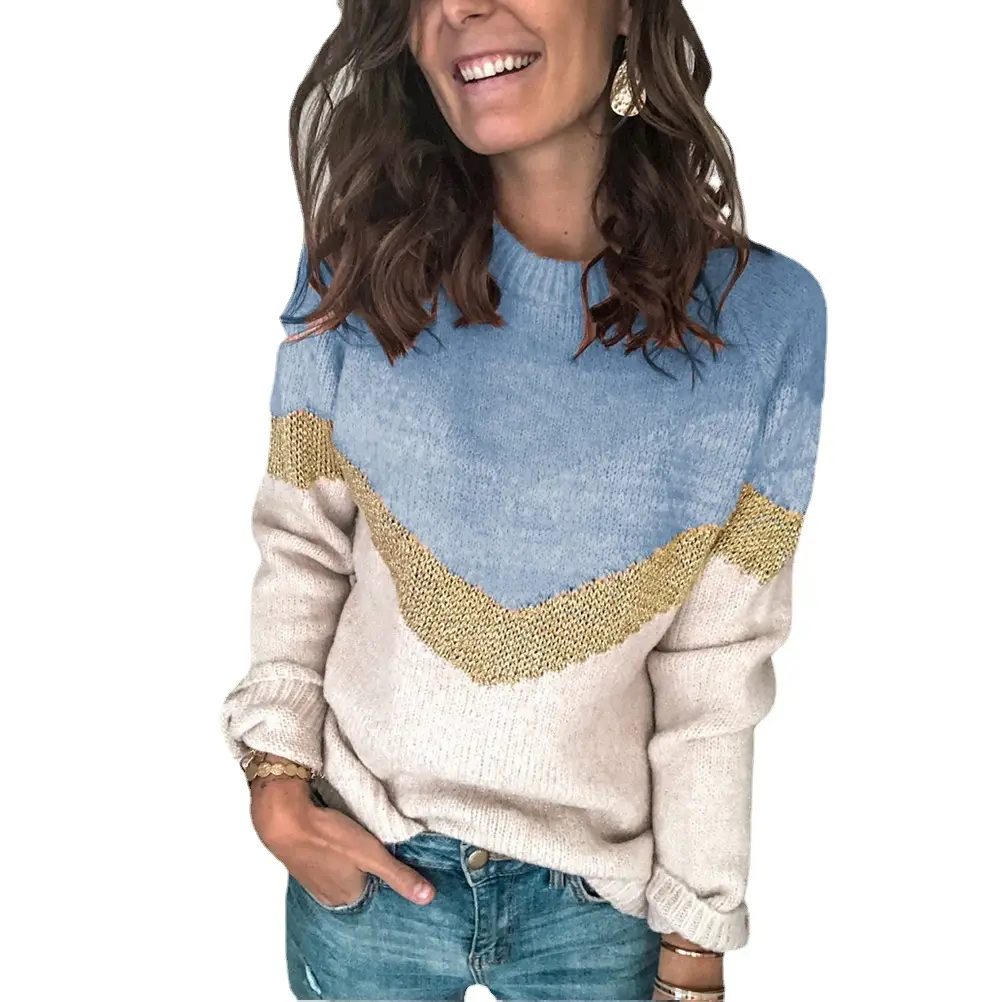 Women's Knitted Pullover Sweater Grey Beige Gold Embroidery Round Neck - Image 7