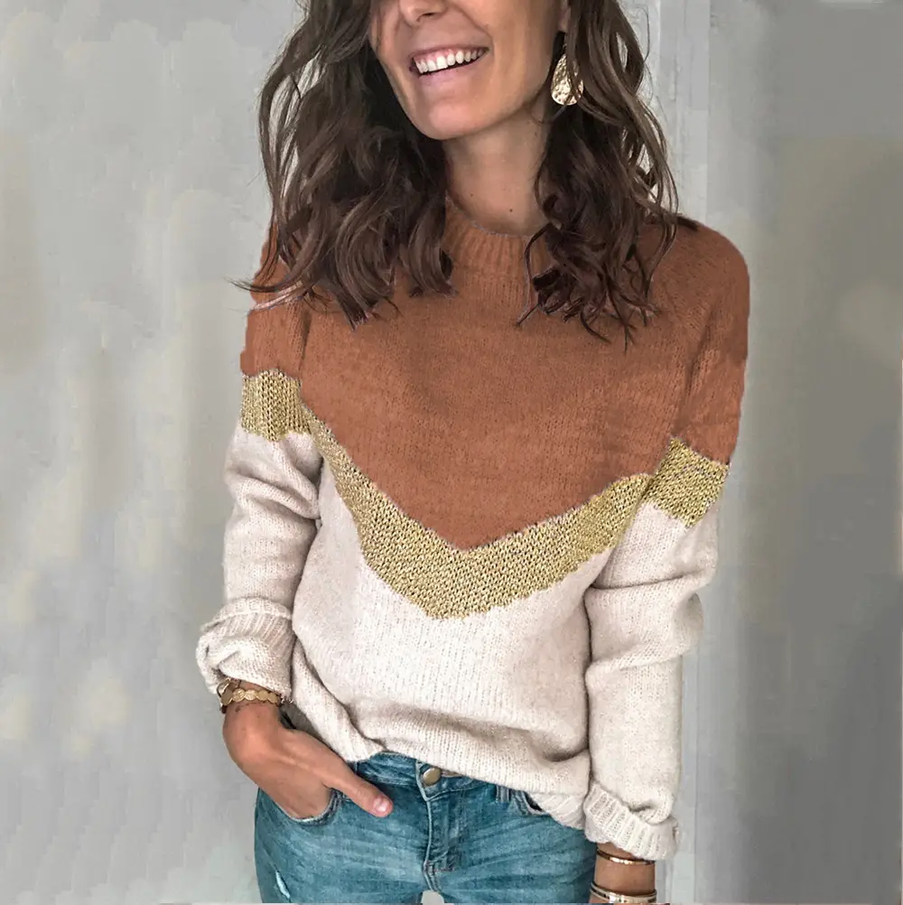 Women's Knitted Pullover Sweater Grey Beige Gold Embroidery Round Neck - Image 2
