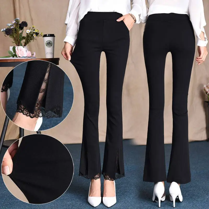Black Lace Flare Pants High Waist Nine Point Women - Image 4