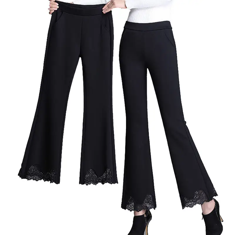 Black Lace Flare Pants High Waist Nine Point Women - Image 7