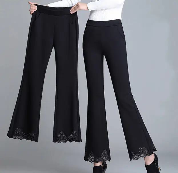 Black Lace Flare Pants High Waist Nine Point Women - Image 3