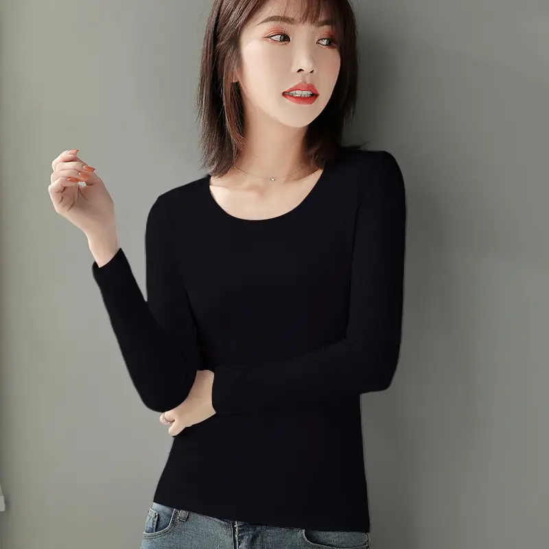 Women's Red Long Sleeve Cotton T-Shirt Round Neck Slim Fit - Image 14