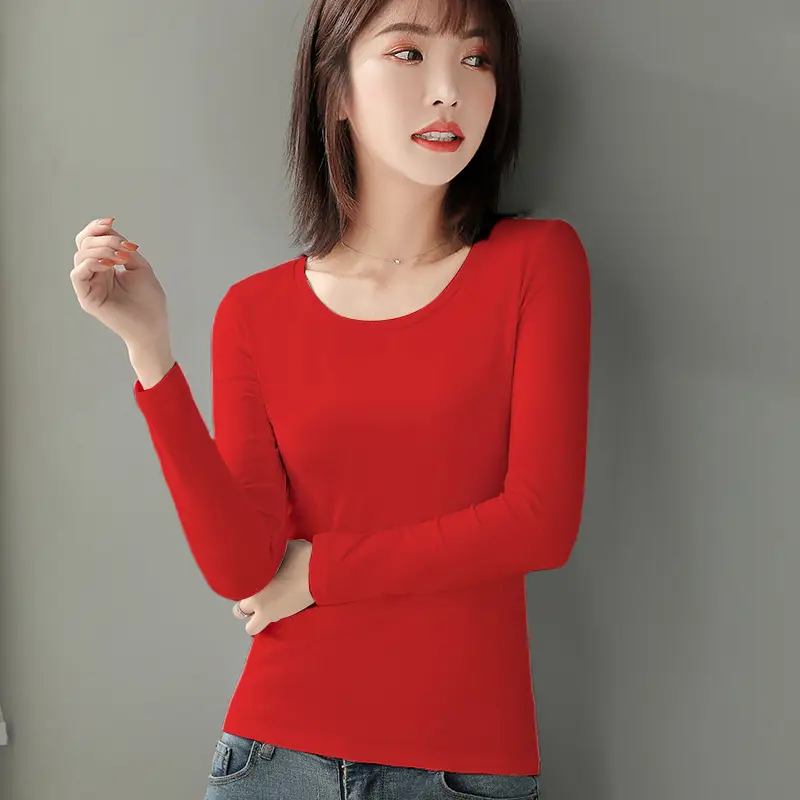 Women's Red Long Sleeve Cotton T-Shirt Round Neck Slim Fit - Image 16