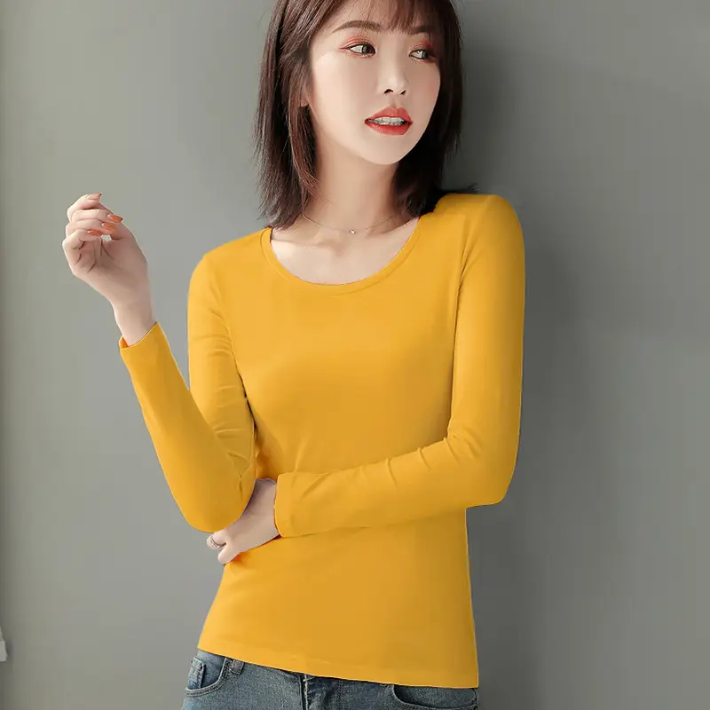Women's Red Long Sleeve Cotton T-Shirt Round Neck Slim Fit - Image 17